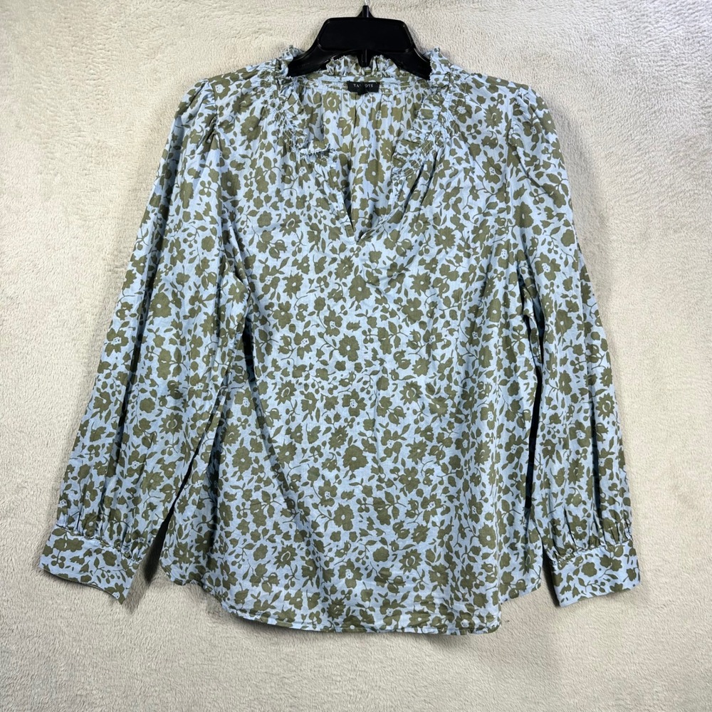 Talbots Blouse Womens XLP Blue Green Floral Cotton Ruffle Neck Lightweight Top